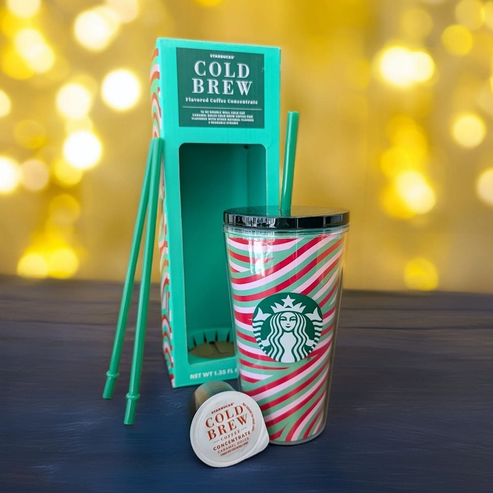 Starbucks Cold Brew Coffee Tumbler Gift Set. Red, Pink, Green Candy Stripe. NIB